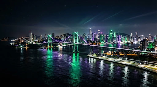 Noite em Florianópolis com ponte iluminada e reflexos neon